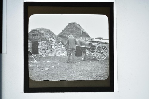 Man horse cart stone thatched - stone,
